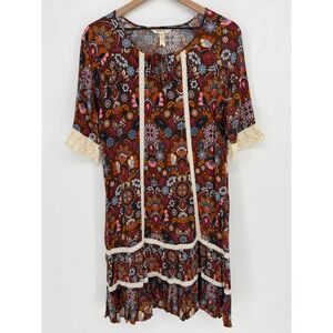 Matilda Jane Floral Lace Trim Dress Large Brown Boho Hippie Peasant Festival